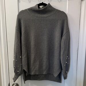 Studio-W Gray Turtleneck Sweater with Pearl Details